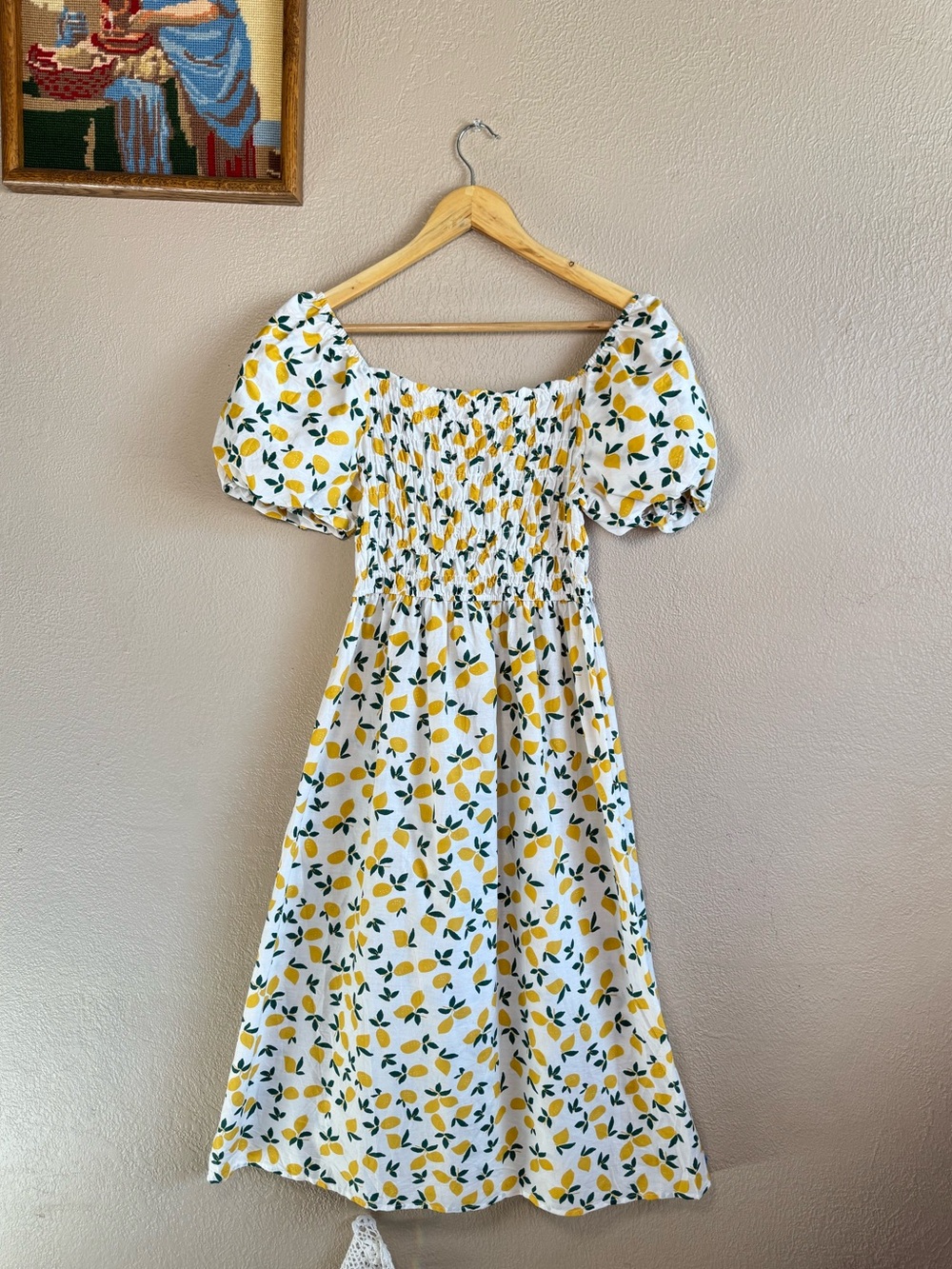 Ana & Rose| Smocked Lemon-Print Puff Sleeve Midi Dress